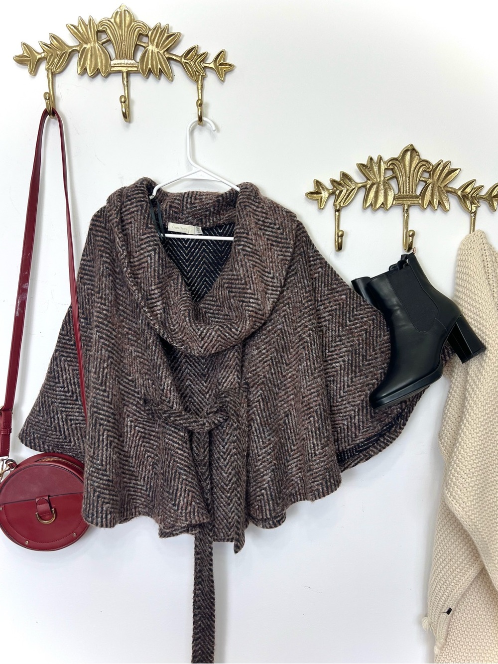 RARE Wool blend belted cape poncho L